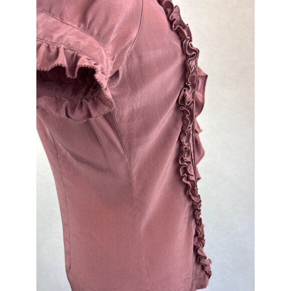 Y2K Ruffle Button Up Blouse Womens S Short Puff Sleeves Mauve Mandarin Collar - Picture 7 of 13